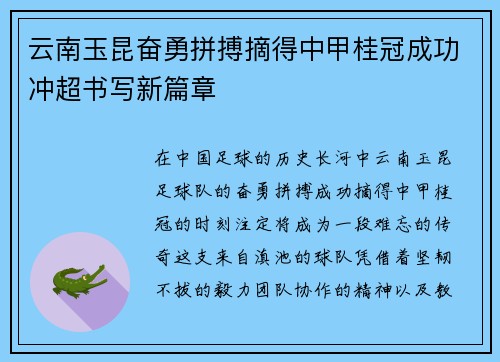 云南玉昆奋勇拼搏摘得中甲桂冠成功冲超书写新篇章