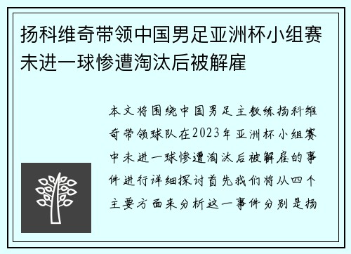 扬科维奇带领中国男足亚洲杯小组赛未进一球惨遭淘汰后被解雇